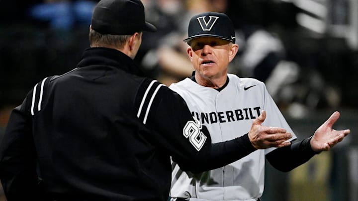 Vanderbilt head coach Tim Corbin argues with a umpire after a balk was called on pitcher Luke Guth in the sixth inning of an NCAA college baseball game at Hawkins Field Tuesday, Feb. 25, 2025, in Nashville, Tenn.