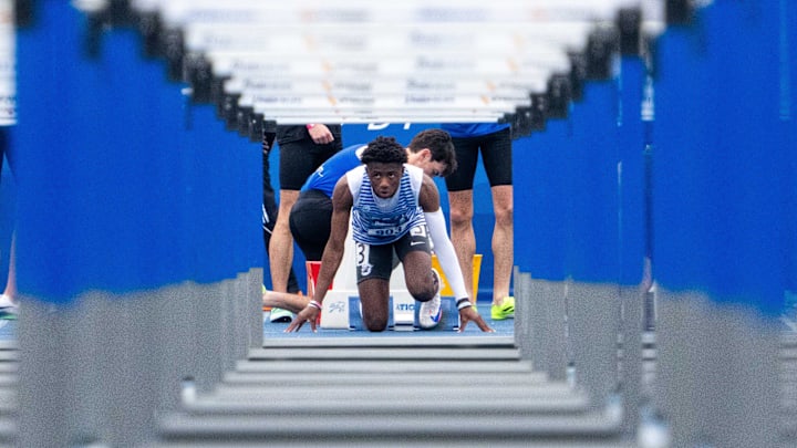 Clear Creek Amana's Tay Seals looks down the lane ahead of the boys 110m hurdles on April 25, 2025, at Drake Stadium in Des Moines.