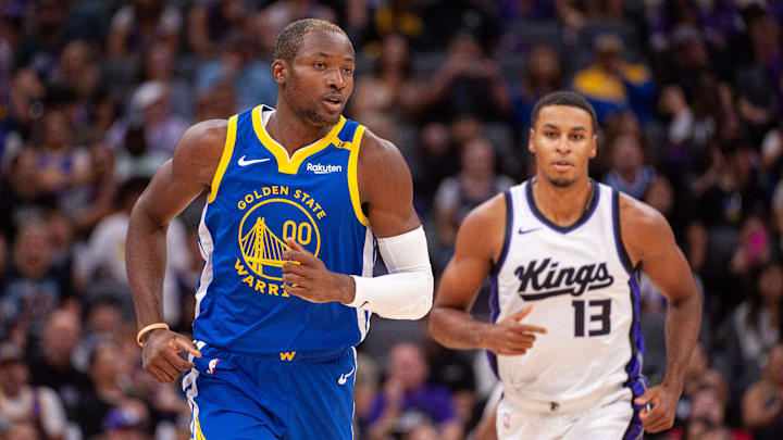 Oct 9, 2024; Sacramento, California, USA; Golden State Warriors forward Jonathan Kuminga (00) and Sacramento Kings forward Keegan Murray (13) jog up the court during the first quarter at Golden 1 Center. Mandatory Credit: Ed Szczepanski-Imagn Images Oct 9, 2024; Sacramento, California, USA; Golden State Warriors forward Jonathan Kuminga (00) and Sacramento Kings forward Keegan Murray (13) jog up the court during the first quarter at Golden 1 Center. Mandatory Credit: Ed Szczepanski-Imagn Images