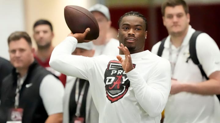 Mar 19, 2025; Tuscaloosa AL, USA; Quarterback Jalen Milroe throws for scouts at the University of Alabama Pro Day as several Crimson Tide players worked out for NFL teams in the Hank Crisp Indoor Practice Facility. Mar 19, 2025; Tuscaloosa AL, USA; Quarterback Jalen Milroe throws for scouts at the University of Alabama Pro Day as several Crimson Tide players worked out for NFL teams in the Hank Crisp Indoor Practice Facility.