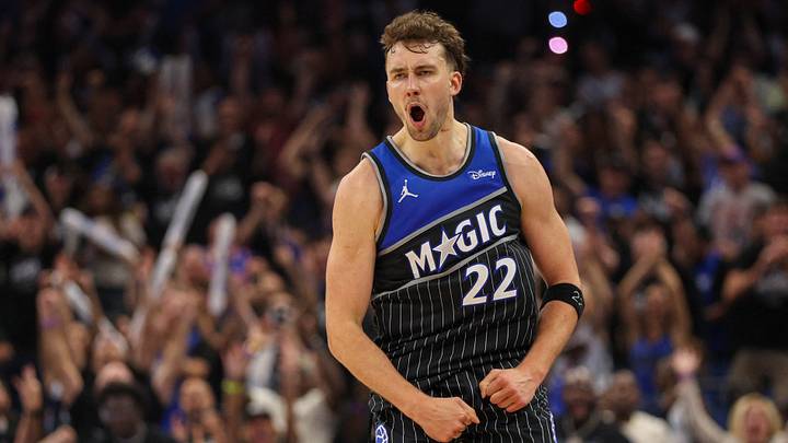 Apr 25, 2026; Orlando, Florida, USA; Orlando Magic forward Franz Wagner (22) reacts after a basket against the Detroit Pistons in the fourth quarter during game three of the first round of the 2026 NBA Playoffs at Kia Center. Mandatory Credit: Nathan Ray Seebeck-Imagn Images