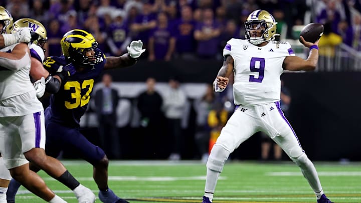 Jan 8, 2024; Houston, TX, USA; Washington Huskies quarterback Michael Penix Jr. (9) throws a pass against Michigan. Penix was the Heisman Trophy runner-up in 2023 after leading Washington to the national title game. 