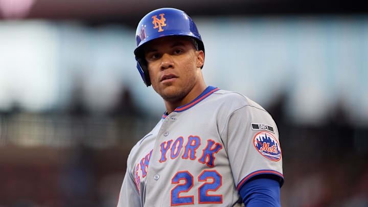 Apr 2, 2026; San Francisco, California, USA; New York Mets outfielder Juan Soto (22) reacts after scoring a run on an RBI double hit by infielder Bo Bichette (19) against the San Francisco Giants during the first inning at Oracle Park. Mandatory Credit: Robert Edwards-Imagn Images