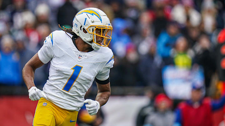 Los Angeles Chargers wide receiver Quentin Johnston (1) on the field against the New England Patriots in the first quarter at Gillette Stadium. Los Angeles Chargers wide receiver Quentin Johnston (1) on the field against the New England Patriots in the first quarter at Gillette Stadium.