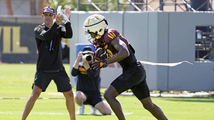 Arizona State wide receiver Malik McClain (12) runs a drill during football practice at Kajikawa practice fields in Tempe on Aug 1, 2025.