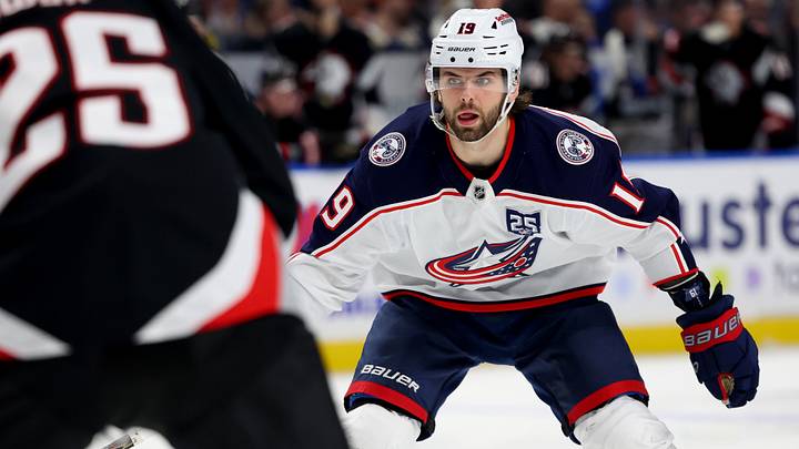 Apr 9, 2026; Buffalo, New York, USA;  Columbus Blue Jackets center Adam Fantilli (19) watches the puck during the third period against the Buffalo Sabres at KeyBank Center. Mandatory Credit: Timothy T. Ludwig-Imagn Images