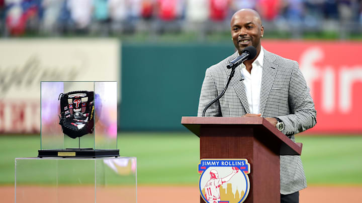 May 4, 2019; Philadelphia, PA, USA; Former Philadelphia Phillies shortstop Jimmy Rollins is honored during his retirement ceremony.