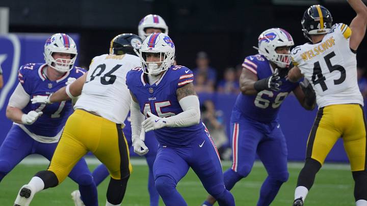 Buffalo Bills' fullback Ben VanSumeren (45) breaks through the line of scrimmage during first-half action of a preseason game against the Pittsburgh Steelers at the new Highmark Stadium in Orchard Park, New York, on Aug. 27, 2026. Buffalo Bills' fullback Ben VanSumeren (45) breaks through the line of scrimmage during first-half action of a preseason game against the Pittsburgh Steelers at the new Highmark Stadium in Orchard Park, New York, on Aug. 27, 2026.