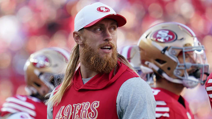 Aug 9, 2025; Santa Clara, California, USA;  San Francisco 49ers tight end George Kittle (85) watches from the sideline in the first quarter against the Denver Broncos at Levi's Stadium. Mandatory Credit: David Gonzales-Imagn Images