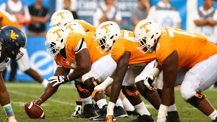 Sep 1, 2018; Charlotte, NC, USA; The Tennessee Volunteers offensive line waits for the snap against the West Virginia Mountaineers at Bank of America Stadium. Mandatory Credit: Jeremy Brevard-USA TODAY Sports