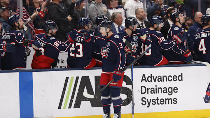 Mar 29, 2026; Columbus, Ohio, USA; Columbus Blue Jackets center Charlie Coyle (3) celebrates his goal against the Boston Bruins during the first period at Nationwide Arena. Mandatory Credit: Russell LaBounty-Imagn Images