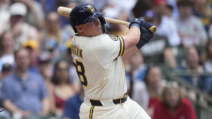 May 25, 2026; Milwaukee, Wisconsin, USA;  Milwaukee Brewers first baseman Andrew Vaughn (28) hits a double during the fourth inning against the St. Louis Cardinals at American Family Field. Mandatory Credit: Jeff Hanisch-Imagn Images