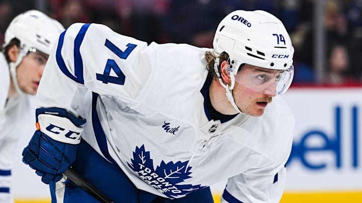 Jan 18, 2025; Montreal, Quebec, CAN; Toronto Maple Leafs center Bobby McMann (74) waits for a face-off against the Montreal Canadiens during the second period at Bell Centre. Mandatory Credit: David Kirouac-Imagn Images Jan 18, 2025; Montreal, Quebec, CAN; Toronto Maple Leafs center Bobby McMann (74) waits for a face-off against the Montreal Canadiens during the second period at Bell Centre. Mandatory Credit: David Kirouac-Imagn Images