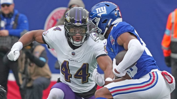East Rutherford, NJ -- December 15, 2024 -- Marlon Humphrey of the Ravens lines up Darius Slayton of the Giants in the first half. The Baltimore Ravens came to MetLife Stadium to play the New York Giants. East Rutherford, NJ -- December 15, 2024 -- Marlon Humphrey of the Ravens lines up Darius Slayton of the Giants in the first half. The Baltimore Ravens came to MetLife Stadium to play the New York Giants.
