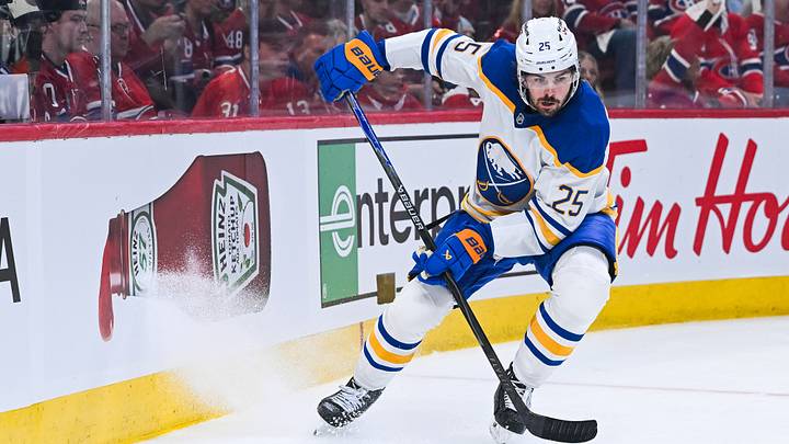 May 16, 2026; Montreal, Quebec, CAN; Buffalo Sabres defenseman Owen Power (25) plays the puck against the Montreal Canadiens during the first period in game six of the second round of the 2026 Stanley Cup Playoffs at Bell Centre. Mandatory Credit: David Kirouac-Imagn Images