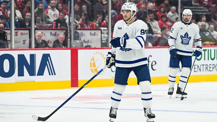 Sep 19, 2026; Montreal, Quebec, CAN; Toronto Maple Leafs center Brendan Brisson (90) tracks the play against the Montreal Canadiens during the third period at Bell Centre. Mandatory Credit: David Kirouac-Imagn Images
