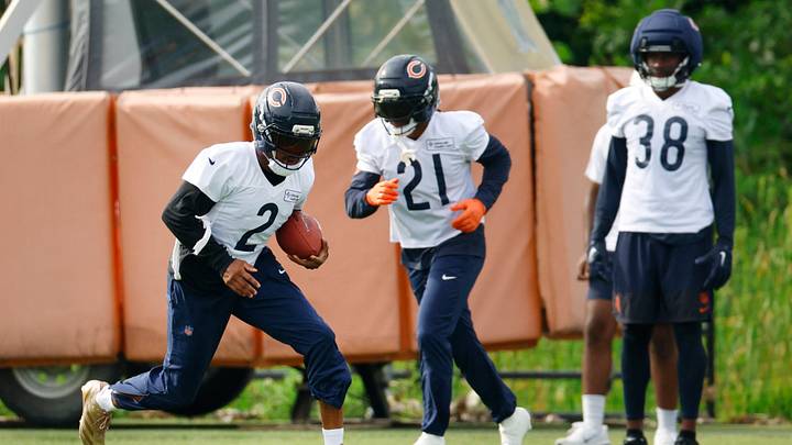 Jul 31, 2026; Lake Forest, IL, USA; Chicago Bears defensive back Coby Bryant (2) runs with the ball during Training Camp at Halas Hall. Mandatory Credit: Kamil Krzaczynski-Imagn Images