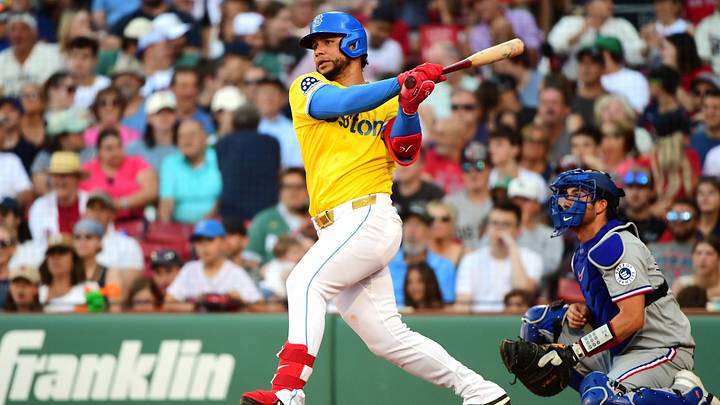 Jun 13, 2026; Boston, Massachusetts, USA; Boston Red Sox first baseman Willson Contreras (40) hits a double during the eighth inning against the Texas Rangers at Fenway Park. Mandatory Credit: Bob DeChiara-Imagn Images Jun 13, 2026; Boston, Massachusetts, USA; Boston Red Sox first baseman Willson Contreras (40) hits a double during the eighth inning against the Texas Rangers at Fenway Park. Mandatory Credit: Bob DeChiara-Imagn Images