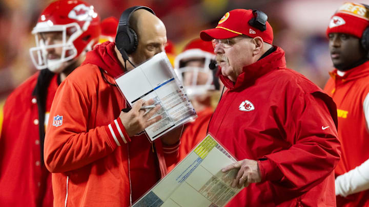 Jan 26, 2025; Kansas City, MO, USA; Kansas City Chiefs offensive coordinator Matt Nagy (left) and head coach Andy Reid against the Buffalo Bills during the AFC Championship game at GEHA Field at Arrowhead Stadium. Mandatory Credit: Mark J. Rebilas-Imagn Images