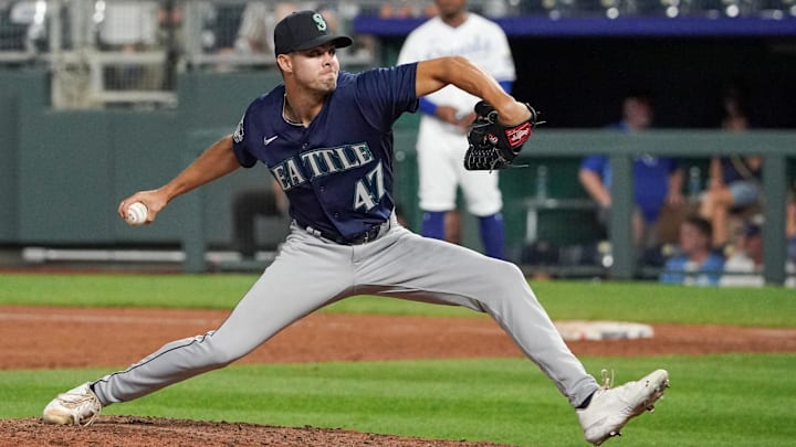 Seattle Mariners reliever Matt Brash throws during a game against the Kansas City Royals on Aug. 16, 2023, at Kauffman Stadium. Seattle Mariners reliever Matt Brash throws during a game against the Kansas City Royals on Aug. 16, 2023, at Kauffman Stadium.