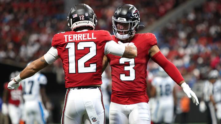 Sep 20, 2026; Atlanta, Georgia, USA;  Atlanta Falcons cornerback Avieon Terrell (12) and Atlanta Falcons safety Jessie Bates III (3) celebrate after a play during the first quarter against the Carolina Panthers at Mercedes-Benz Stadium.  Mandatory Credit: Brett Davis-Imagn Images