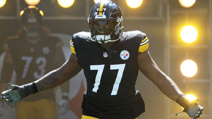 Pittsburgh Steelers offensive tackle Broderick Jones (77) reacts as he takes the field against the Seattle Seahawks at Acrisure Stadium. Mandatory Credit: Charles LeClaire-Imagn Images Pittsburgh Steelers offensive tackle Broderick Jones (77) reacts as he takes the field against the Seattle Seahawks at Acrisure Stadium. Mandatory Credit: Charles LeClaire-Imagn Images