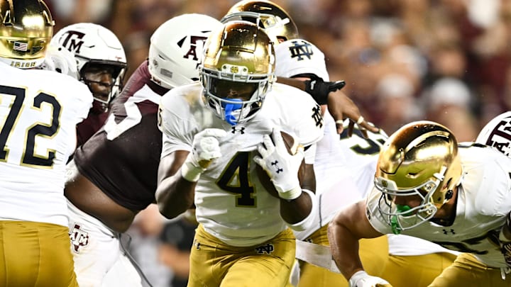 Aug 31, 2024; College Station, Texas, USA; Notre Dame Fighting Irish running back Jeremiyah Love (4) breaks free and runs the ball into the end zone for a touchdown in the fourth quarter against the Texas A&M Aggies at Kyle Field. 