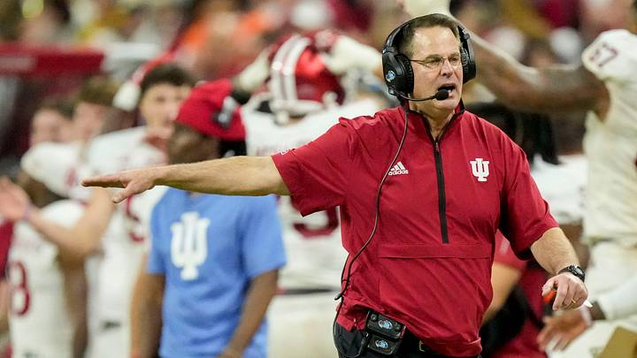 Indiana Hoosiers head coach Curt Cignetti walks the sideline Sunday, Dec. 7, 2025, during the Big Ten football championship against the Ohio State Buckeyes at Lucas Oil Stadium in Indianapolis.