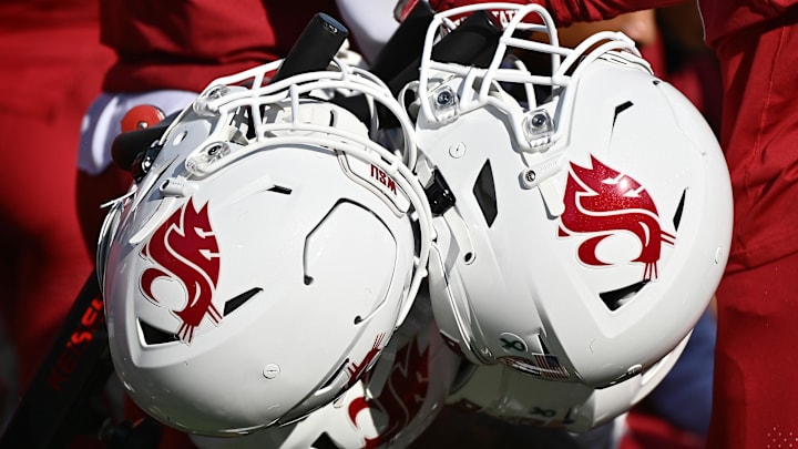 Oct 1, 2022; Pullman, Washington, USA; Washington State Cougars helmets against the California Golden Bears in the first half at Gesa Field at Martin Stadium. Mandatory Credit: James Snook-Imagn Images Oct 1, 2022; Pullman, Washington, USA; Washington State Cougars helmets against the California Golden Bears in the first half at Gesa Field at Martin Stadium. Mandatory Credit: James Snook-Imagn Images