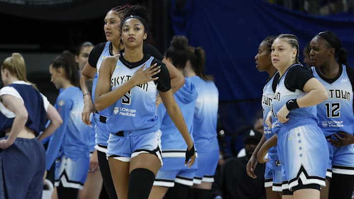 Sep 3, 2025; Chicago, Illinois, USA; Chicago Sky forward Angel Reese (5) walks on the court next to her teammates before a WNBA game against the Connecticut Sun at Wintrust Arena. Mandatory Credit: Kamil Krzaczynski-Imagn Images Sep 3, 2025; Chicago, Illinois, USA; Chicago Sky forward Angel Reese (5) walks on the court next to her teammates before a WNBA game against the Connecticut Sun at Wintrust Arena. Mandatory Credit: Kamil Krzaczynski-Imagn Images