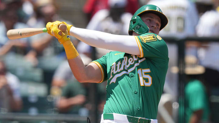 Jun 8, 2025; West Sacramento, California, USA; Athletics left fielder Seth Brown (15) bats during the second inning against the Baltimore Orioles at Sutter Health Park. Mandatory Credit: Darren Yamashita-Imagn Images