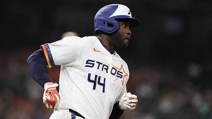 Astros designated hitter Yordan Alvarez (44) hits a stand-up double against the Detroit Tigers in the fifth inning at Daikin Park. 