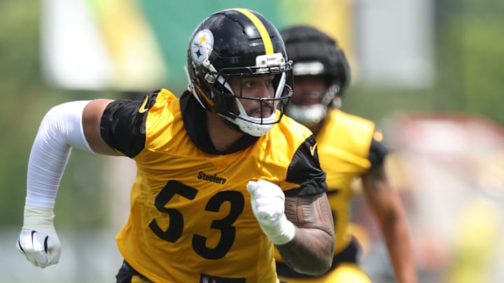 Jul 24, 2025; Latrobe, PA, USA; Pittsburgh Steelers linebacker Eku Leota (53) participates in drills during training camp at Saint Vincent College. Mandatory Credit: Charles LeClaire-Imagn Images Jul 24, 2025; Latrobe, PA, USA; Pittsburgh Steelers linebacker Eku Leota (53) participates in drills during training camp at Saint Vincent College. Mandatory Credit: Charles LeClaire-Imagn Images