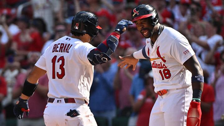 Sep 20, 2026; St. Louis, Missouri, USA; St. Louis Cardinals catcher Leo Bernal (13) celebrates with right fielder Jordan Walker (18) after hitting a two-run home run against the Washington Nationals during the eighth inning at Busch Stadium. Mandatory Credit: Jeff Le-Imagn Images Sep 20, 2026; St. Louis, Missouri, USA; St. Louis Cardinals catcher Leo Bernal (13) celebrates with right fielder Jordan Walker (18) after hitting a two-run home run against the Washington Nationals during the eighth inning at Busch Stadium. Mandatory Credit: Jeff Le-Imagn Images