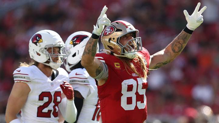 Sep 27, 2026; Santa Clara, California, USA;  San Francisco 49ers tight end George Kittle (85)  reacts after making a catch against the Arizona Cardinals in the first half at Levi's Stadium.  Mandatory Credit: Sergio Estrada-Imagn Images