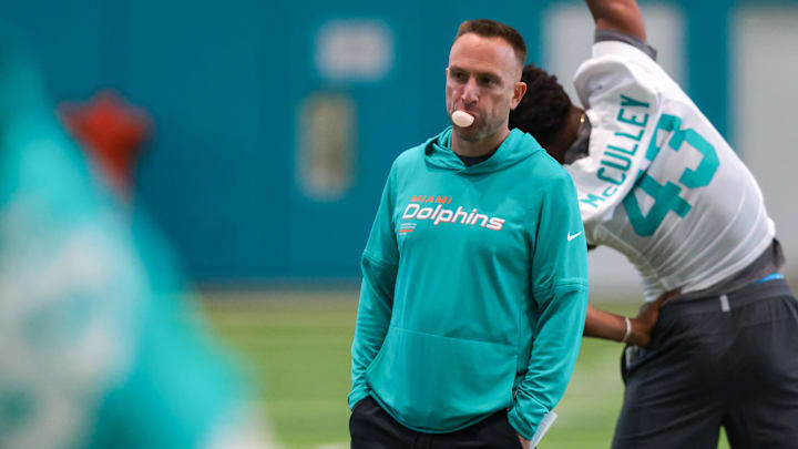 Miami Dolphins head coach Jeff Hafley works with his players during rookie minicamp at Baptist Health Training Complex. Miami Dolphins head coach Jeff Hafley works with his players during rookie minicamp at Baptist Health Training Complex.