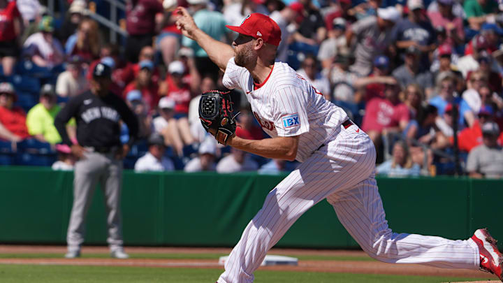 Feb 27, 2025; Clearwater, Florida, USA; Philadelphia Phillies pitcher Zack Wheeler (45) throws a pitch during the first inning against the New York Yankees at BayCare Ballpark. Feb 27, 2025; Clearwater, Florida, USA; Philadelphia Phillies pitcher Zack Wheeler (45) throws a pitch during the first inning against the New York Yankees at BayCare Ballpark.
