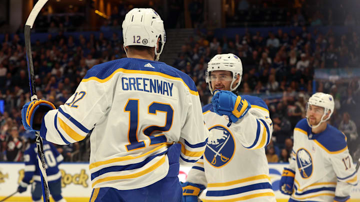 Apr 15, 2024; Tampa, Florida, USA; Buffalo Sabres left wing Jordan Greenway (12) is congratulated