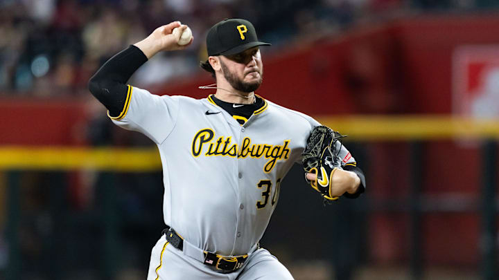 May 28, 2025; Phoenix, Arizona, USA; Pittsburgh Pirates pitcher Paul Skenes against the Arizona Diamondbacks in the first inning at Chase Field. Mandatory Credit: Mark J. Rebilas-Imagn Images