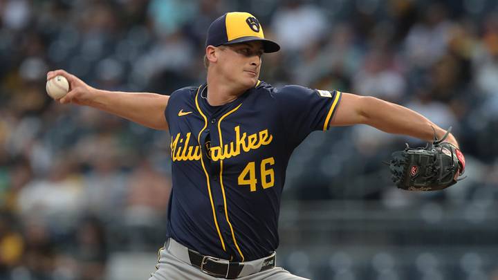 Sep 5, 2025; Pittsburgh, Pennsylvania, USA; Milwaukee Brewers starting pitcher Quinn Priester (46) delivers a pitch against the Pittsburgh Pirates during the first inning at PNC Park. Mandatory Credit: Charles LeClaire-Imagn Images Sep 5, 2025; Pittsburgh, Pennsylvania, USA; Milwaukee Brewers starting pitcher Quinn Priester (46) delivers a pitch against the Pittsburgh Pirates during the first inning at PNC Park. Mandatory Credit: Charles LeClaire-Imagn Images