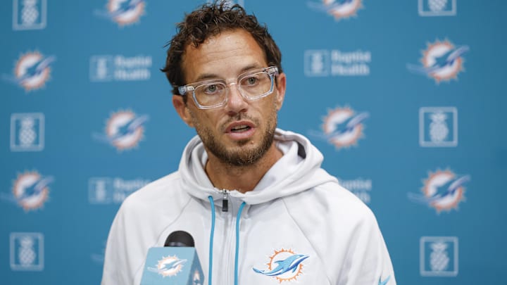 Aug 8, 2025; Lake Forest, IL, USA; Miami Dolphins head coach Mike McDaniel speaks before joint training camp practice with the Chicago Bears ahead of Sunday's preseason opener. Mandatory Credit: Kamil Krzaczynski-Imagn Images