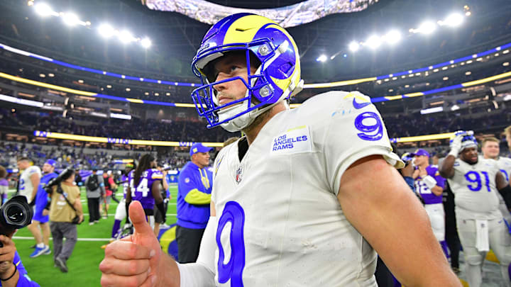 Oct 24, 2024; Inglewood, California, USA; Los Angeles Rams quarterback Matthew Stafford (9) celebrates the victory against the Minnesota Vikings at SoFi Stadium. Mandatory Credit: Gary A. Vasquez-Imagn Images