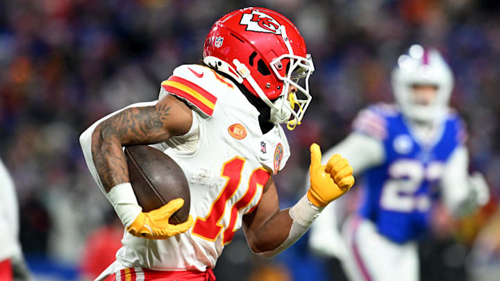 Jan 21, 2024; Orchard Park, New York, USA; Kansas City Chiefs running back Isiah Pacheco (10) rushes