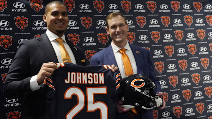  Chicago Bears new head coach Ben Johnson (right) with general manager Ryan Poles pose for photos after a press conference introducing him at PNC Center.