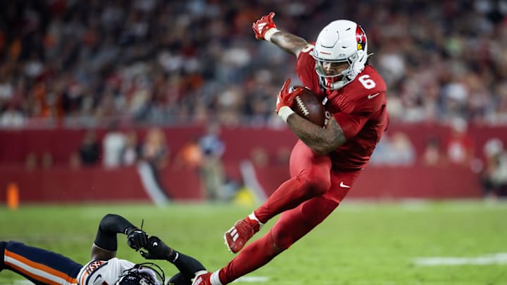 Nov 3, 2024; Glendale, Arizona, USA; Arizona Cardinals running back James Conner (6) against the Chicago Bears in the second half at State Farm Stadium. 