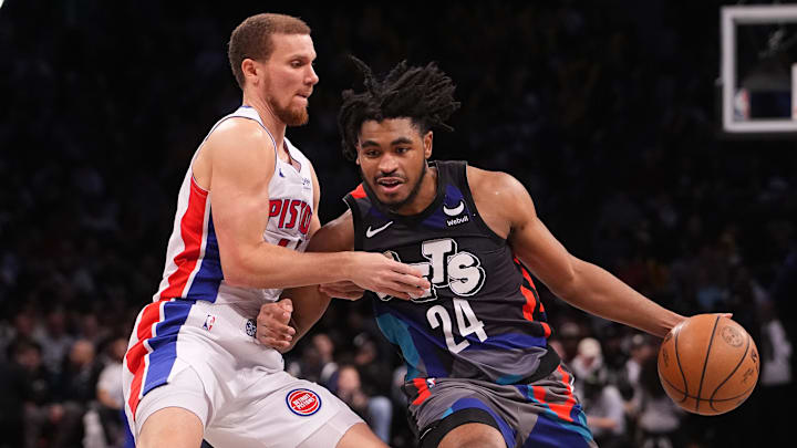Apr 6, 2024; Brooklyn, New York, USA; Brooklyn Nets shooting guard Cam Thomas (24) drives the ball