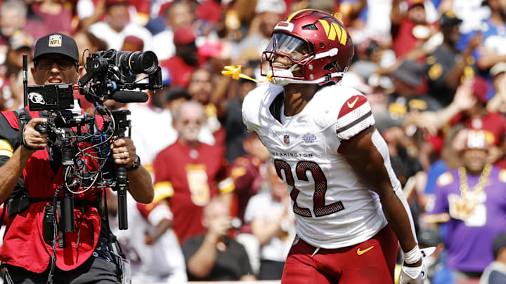 Sep 7, 2025; Landover, Maryland, USA; Washington Commanders running back Jacory Croskey-Merritt (22) reacts after a play during the second quarter against the New York Giants at Northwest Stadium. Mandatory Credit: Amber Searls-Imagn Images