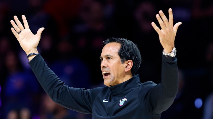 Nov 29, 2025; Miami, Florida, USA; Miami Heat head coach Erik Spoelstra reacts during the second half against the Detroit Pistons at Kaseya Center. Mandatory Credit: Rhona Wise-Imagn Images Nov 29, 2025; Miami, Florida, USA; Miami Heat head coach Erik Spoelstra reacts during the second half against the Detroit Pistons at Kaseya Center. Mandatory Credit: Rhona Wise-Imagn Images