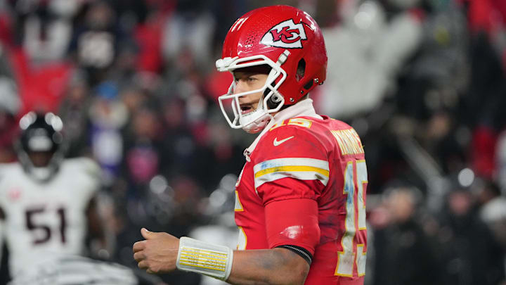 Dec 7, 2025; Kansas City, Missouri, USA; Kansas City Chiefs quarterback Patrick Mahomes (15) looks to the sideline during the fourth quarter against the Houston Texans at GEHA Field at Arrowhead Stadium. Mandatory Credit: Denny Medley-Imagn Images