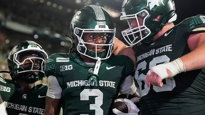 Michigan State wide receiver Rodney Bullard Jr. (3) celebrates a touchdown against Toledo during the second half at Spartan Stadium in East Lansing on Friday, Sept. 4, 2026.